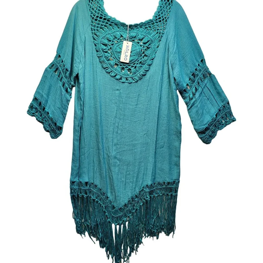 Women's Aolro Teal/Turquoise 3 In 1 Crochet Cover Up Size M Dress w/Fringe. NWT! - Picture 1 of 11